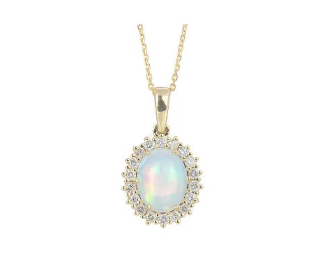 OPAL AND DIAMOND PENDANT, set with a cabochon opal within a halo of diamonds, in eighteen carat gold