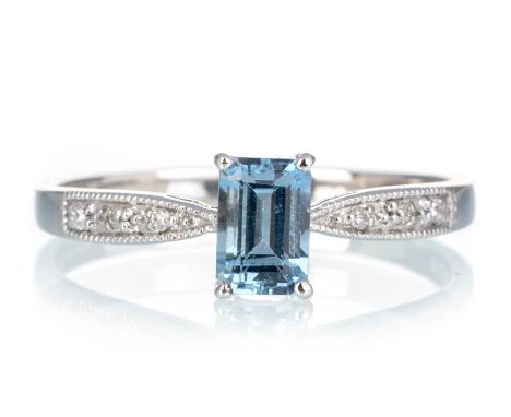 AQUAMARINE AND DIAMOND RING, set with a central step cut aquamarine, on diamond shoulders, in nine carat white gold, size QQt