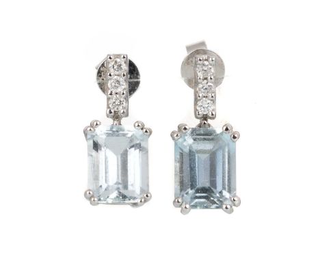 PAIR OF AQUAMARINE AND DIAMOND EARRINGS, set with step cut aquamarines suspended from diamond set posts, in eighteen carat wh