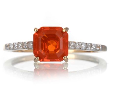 FIRE OPAL AND DIAMOND RING, set with a central fire opal on diamond shoulders, in nine carat gold, size P 1/2Qty: 1.7gAdditio