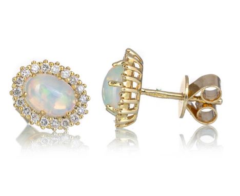PAIR OF OPAL AND DIAMOND EARRINGS, in nine carat goldLightly worn condition.