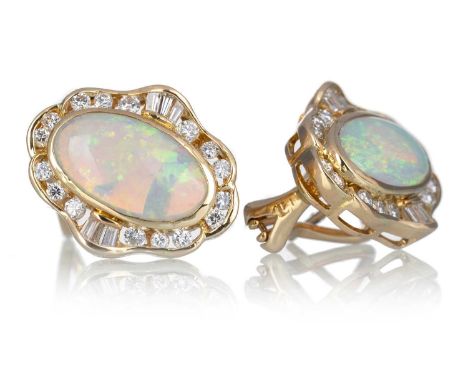 PAIR OF OPAL AND DIAMOND EARRINGS, set with opals totalling approximately 4.00 carats, flanked by diamonds totalling approxim