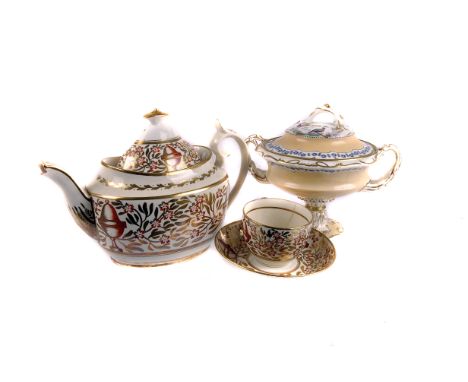 A collection of Regency and later porcelain tea service items, including a creamware teapot with gilt decoration and cups and