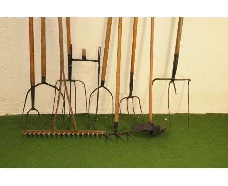 A group of ten antique and vintage farm long handled tools, including various pitch forks with double and four prongs, a plou