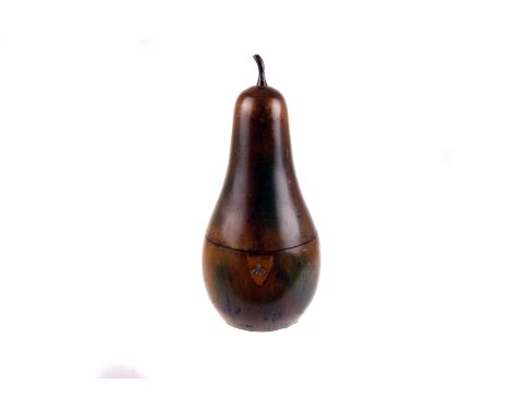 A reproduction Regency wooden pear-shaped tea caddy,  blush painted in red and green, with quatrefoil key, 30cm high 