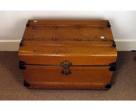 A large painted tin trunk,  69cm long, together with a cantle box, a c.1900s Cadbury's tin, and a wooden kindling box (4) 