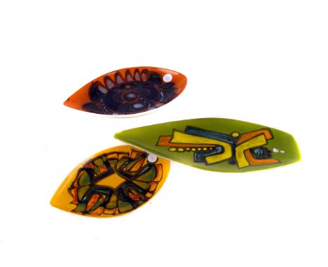 A 1970s Poole Pottery 'Delphis' series kite shaped dish, no. 82, possibly painted by Mary Albon, the green ground with abstra