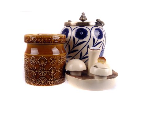 A modern limited edition Denby vase, together with a Carltonware ceramic mushroom cruet set, a Staffordshire pottery biscuit 