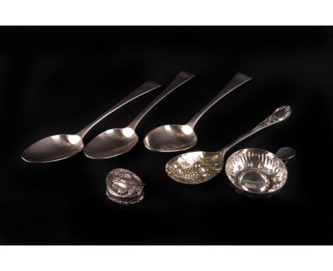 A pair of George III silver Old English pattern table spoons by Whiting,  London 1802, together with a matched spoon, London 