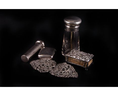 A group of small silver,  to include a Victorian nurse's buckle by Beresford, a silver capped spice pot, a matchbox cover, a 