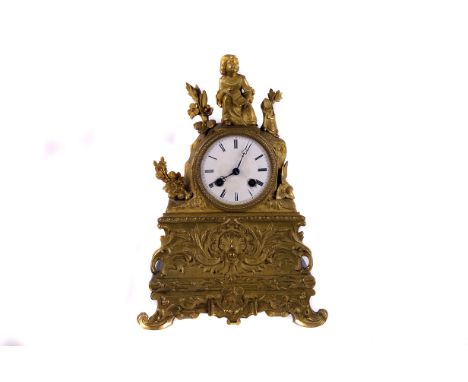 A late 19th century French gilt brass mantle clock by Alexis a Paris,   the white enamel face with black Roman numerals, off 