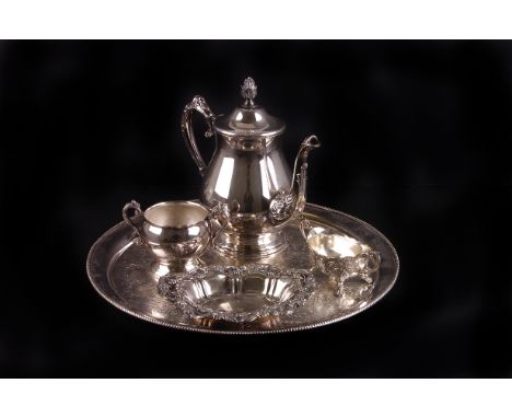 A quantity of electroplated items,  including a sugar caster, circular tea pot, bon bon dishes, ice bucket, antler handled ca