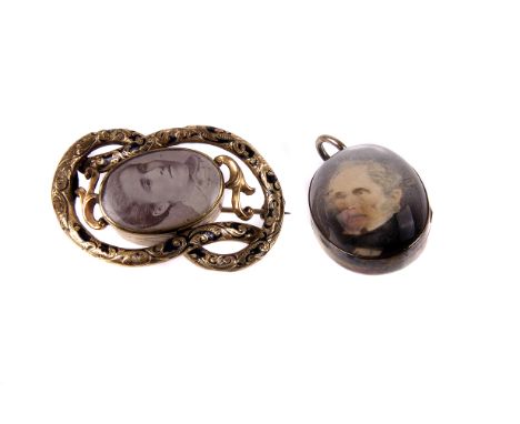 A 19th century mourning locket, the oval frame with portrait to front and plaited hair reverse enclosed in domed glass, toget