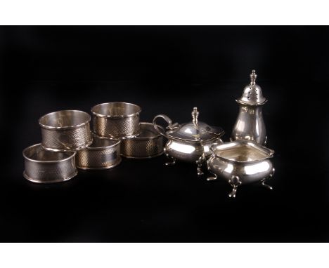 A group of small silver,  including five engine turned napkin rings, and a pepper, salt and mustard (8) 