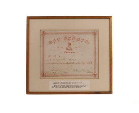 An Edwardian Boy Scouts Warrant signed by Baden Powell, authorising Mr E Tavener to act as Assistant Scoutmaster, and present