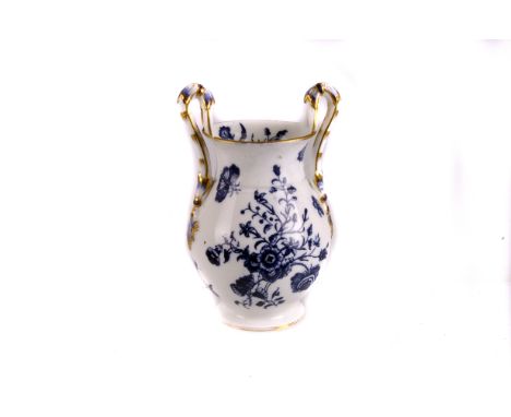 An early Worcester vase with loop handles, of neoclassical volute krater form, of blue and white bird foliate design, and wit