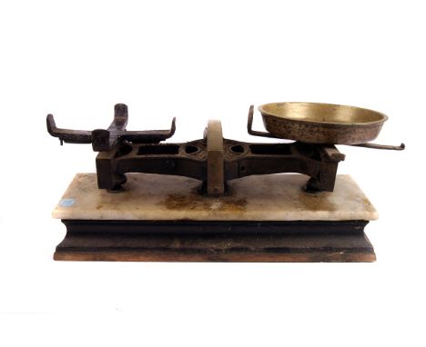 A set of 19th century wrought iron scales, with marble base, together with two further sets of scales 