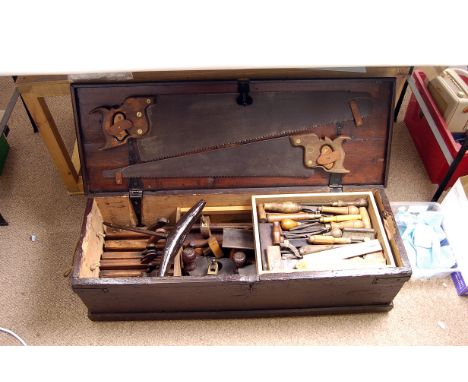 A cabinet maker's tool chest,  containing planes, saws, chisels and various other tools, 96 x 32 x 24cm  