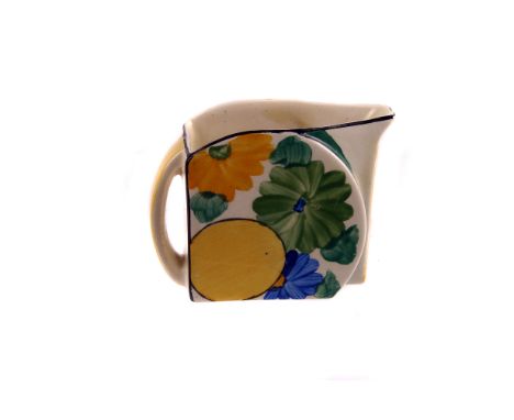 A Clarice Cliff Sungay pattern milk jug, from the Bizarre range created for Newport pottery 6cm H
chips to spout