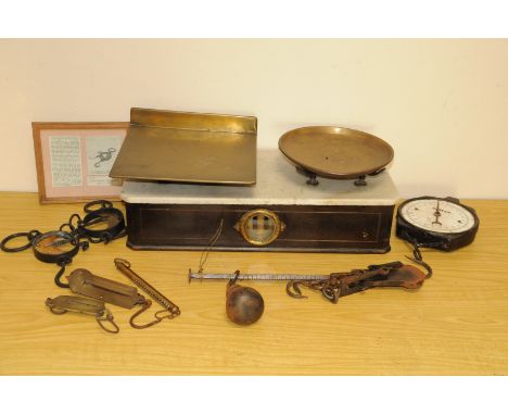 A set of Victorian marble topped counter scales and other scales, also in the lot three spring balances, a steel yard, two an