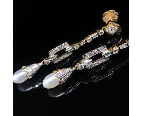 A PAIR OF DIAMOND AND CULTURED PEARL ART DECO STYLE ARTICULATED DROP EARRINGS FITTED WITH SCREW DOWN PIERCED POSTS. EACH EARR