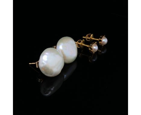 A PAIR OF PEARL BUTTON STUD EARRINGS AND A PAIR OF PEARL STUDS WITH SURROUND.. ALL UNMARKED, ASSESSED AS FOLLOWS: LARGE BUTTO