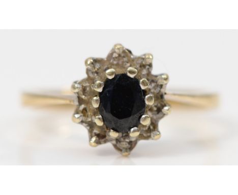 A 9ct gold vintage sapphire and diamond cluster ring, claw set, J, 2g 
