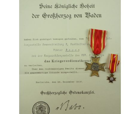Baden: Kriegsverdienstkreuz, mit Urkunde für den Vorstand der Zahlungsstelle Armeeabteilung B bei der Korpszahlstelle des XIV
