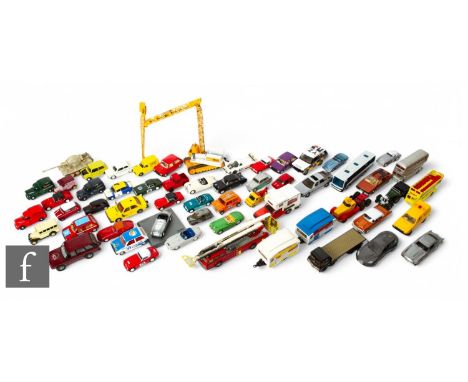 A selection of assorted Corgi diecasts vehicles including Mr Bean mini, busses, crane, Simon Snorkel fire engine, tank and ot