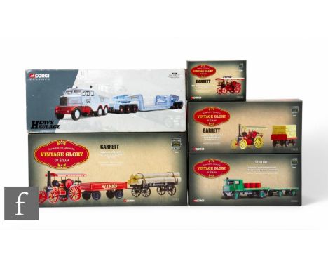 A group of four Corgi Vintage Glory of Steam diecasts, 80305 4CD Road Tractor, Trailers and Log Load, 80307 Garrett Road Trac