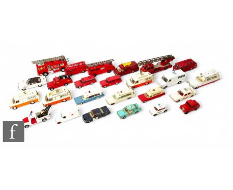 A collection of Dinky diecast emergency vehicles, including Police Transit, Pontiac Parisienne, Superior Criterion, Merryweat