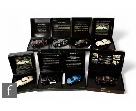 Eight Paul's Model Art Minichamps 1:43 scale diecast Bentley models including Continental GT, R-Type Continental, Brooklands,