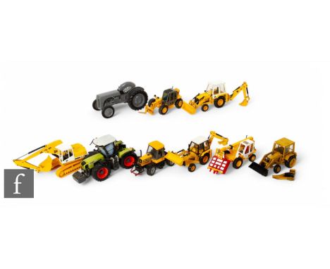 A collection of JCB / agricultural vehicles, two NZG tractors with rear buckets, NZG excavator, Conrad tractor, two Joal JCB'