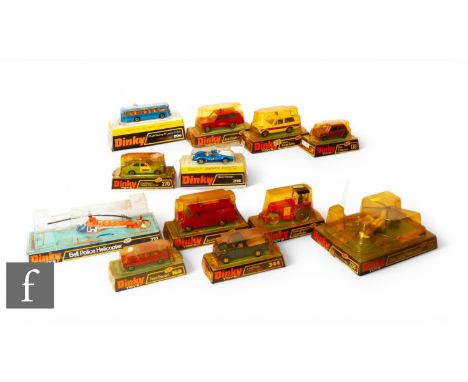 A group of Dinky diecasts, 168 Ford Escort, 178 Mini Clubman, 195 Fire Chief's Car, 216 Dino Ferrari, 254, Police Range Rover
