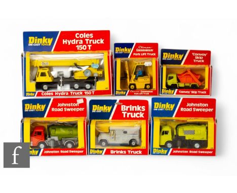 Six Dinky diecasts, 980 Coles Hydra Truck 150T, 275 Brinks Truck, two 449 Johnson Road Sweeper in all lime and orange cab wit