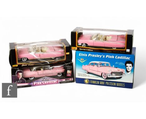 Four large scale pink Cadillac diecast models, Franklin Mint 1:24 Elvis Fleetwood diecast and another similar 1:18 scale by M