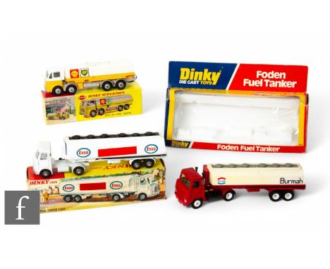 Three Dinky diecasts, 944 Leyland Octopus Shell BP fuel tanker with box lid only, 945 A.E.C fuel tanker ESSO in white, boxed,
