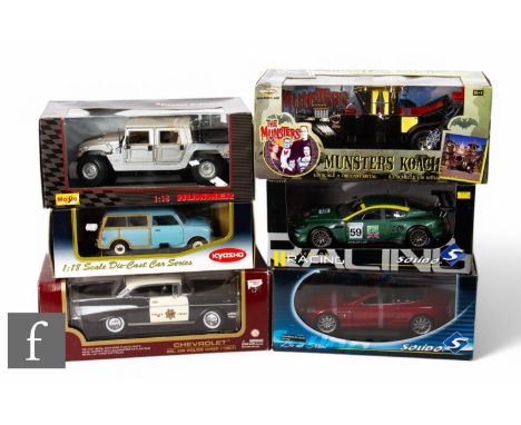 Six large scale diecast models, Solido Aston Martin DB9 Volante, Solido Aston Martin DBr9 Le Mans 2005, Kyosho Austin Mini Co