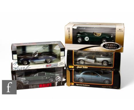 Five large scale diecast models, including Maisto Jaguar XJ200 and Jaguar S-Type, Greenlight Collectibles Steve McQueen Bulli