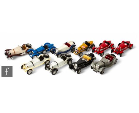 Ten Burago 1:18 and 1:20 scale diecast classic car models, including Alfa Romeo 2300 Monza, Mercedes Benz SSK, Bugatti Type 5