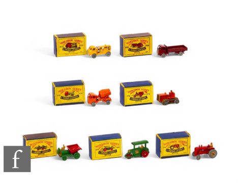 A group of Lesney 'Moko' diecasts, Diesel Road Roller, Muir Hill Site Dumper, Massey Harris Tractor, Caterpillar Tractor, ERF
