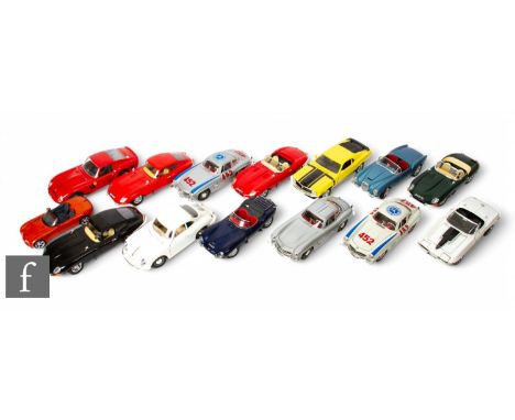 Fourteen large scale diecast models by Burago, Autoart, Maisto and ERTL, including models of Jaguar E-Type, Mercedes Benz 300