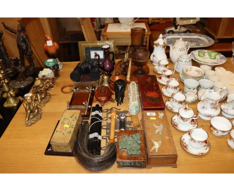 A Clarice Cliff plant trough; various decorative wooden items; a pair of binoculars etc.