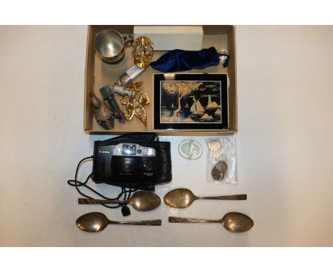A box containing various coinage; a wrist watch; Canon camera etc. 