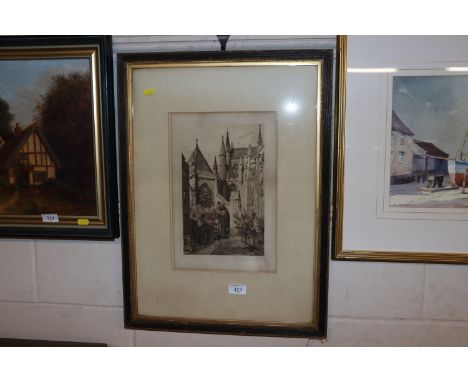 A.H. Haigh, pencil signed etching of a street scene