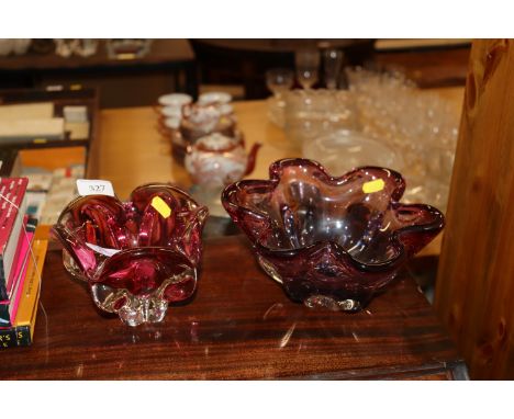 Two heavy ruby glass dishes 