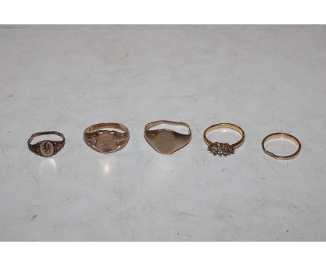 Two 9ct gold rings AF approx. 4.5gms total weight; a yellow metal ring marked 14K AF, 1.2gms and two yellow metal rings 