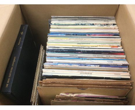 A box of records comprising LPs, 78s and 7" singles by various artists including Elvis Presley, Elton John, Abba and many mor