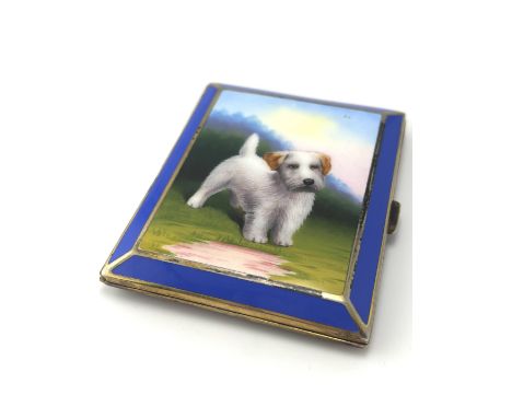 A quality early 20th century enamel cigarette case with design of a Terrier dog. Postage category A
