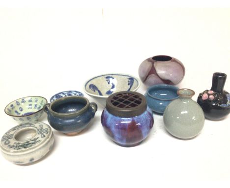 A Chinese export 19th century ink well and a collection of 20th century Chinese ceramic vases and porcelain dishes some with 